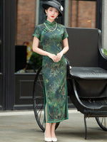 Chinese Cheongsam, Ball Gown, forest green qipao, floral pattern, summer qipao dress