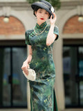 Chinese Cheongsam, Ball Gown, forest green qipao, floral pattern, summer qipao dress