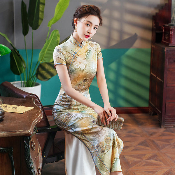 silk mandarin collar dress 3/4 Sleeve Mandarin Collar Tea Length Floral Silk Ao Dai Dress