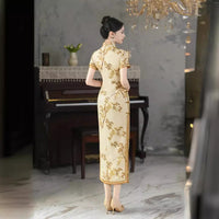 Traditionelles chinesisches Kleid, chinesisches Cheongsam, Ramie-Qipao, helles Sommer-Qipao, Blumendrucke, kurze Ärmel, Stehkragen