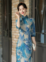 Modern Chinese Qipao dress,  light blue floral dress, Evening Dress