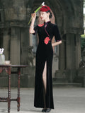 Chinese Cheongsam, Black qipao, Evening Dress, Ball Gown, black velvet qipao, evening gown, Mandarin collar