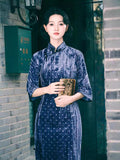 Modern Chinese Qipao, Evening Dresses, autumn qipao, blue velvet Dresses, 3/4 sleeve