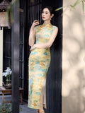 Modern Chinese qipao, Chinese Cheongsam, yellow floral color, Ball Gowns, Long Evening Dress, mandarin collar
