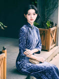 Modern Chinese Qipao, Evening Dresses, autumn qipao, blue velvet Dresses, 3/4 sleeve