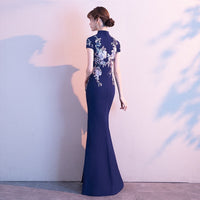 Custom make available, Chinese qipao, navy blue Cheongsam, Bridal dress, tea ceremony, mandarin collar