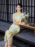 Modern Chinese qipao, Chinese Cheongsam, yellow floral color, Ball Gowns, Long Evening Dress, mandarin collar