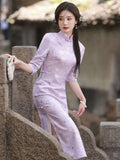 Free alteration, Traditional Chinese Qipao dress, Evening Dress, full length, mandarin collar, light purple color, 3/4 sleeve