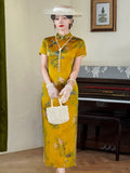Modern Chinese Qipao, Mulberry Silk cheongsam,  Evening Dress,  floral prints, yellow color qipao
