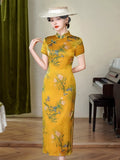 Modern Chinese Qipao, Mulberry Silk cheongsam,  Evening Dress,  floral prints, yellow color qipao