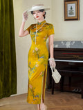 Modern Chinese Qipao, Mulberry Silk cheongsam,  Evening Dress,  floral prints, yellow color qipao
