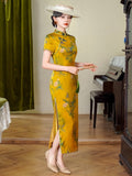 Modern Chinese Qipao, Mulberry Silk cheongsam,  Evening Dress,  floral prints, yellow color qipao