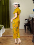 Modern Chinese Qipao, Mulberry Silk cheongsam,  Evening Dress,  floral prints, yellow color qipao