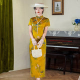 Modern Chinese Qipao, Mulberry Silk cheongsam,  Evening Dress,  floral prints, yellow color qipao