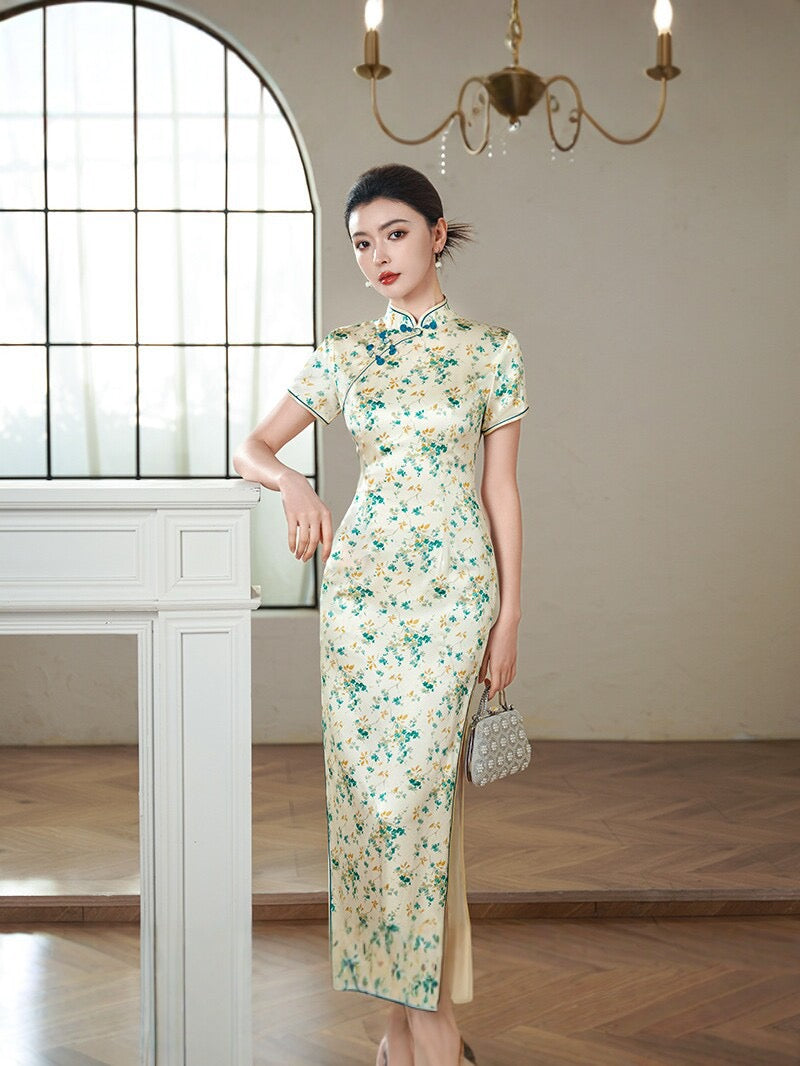 Modern Chinese Qipao, Mulberry Silk cheongsam, Evening Dress, spring floral qipao XL