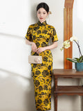 Modern Chinese Qipao, Mulberry Silk cheongsam, yellow floral qipao, full length dress