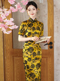 Modern Chinese Qipao, Mulberry Silk cheongsam, yellow floral qipao, full length dress