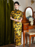 Modern Chinese Qipao, Mulberry Silk cheongsam, yellow floral qipao, full length dress