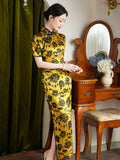 Modern Chinese Qipao, Mulberry Silk cheongsam, yellow floral qipao, full length dress