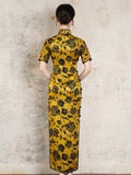 Modern Chinese Qipao, Mulberry Silk cheongsam, yellow floral qipao, full length dress