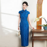 Modern Chinese Qipao, Mulberry Silk cheongsam, blue jacquard qipao