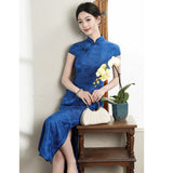 Modern Chinese Qipao, Mulberry Silk cheongsam, blue jacquard qipao