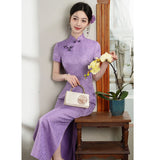 Modern Chinese Qipao, Mulberry Silk cheongsam, purple color,  Evening Dress, mandarin collar