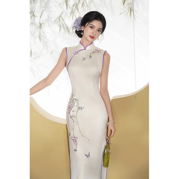 Chinese wedding dress, embroidered Cheongsam, light color summer dress   QipaoMood