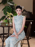 Modern Chinese Qipao dress,  sleeveless qipao, light blue floral qipao