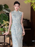 Modern Chinese Qipao dress,  sleeveless qipao, light blue floral qipao