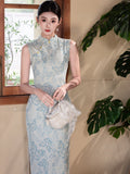 Modern Chinese Qipao dress,  sleeveless qipao, light blue floral qipao