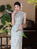 Modern Chinese Qipao dress,  sleeveless qipao, light blue floral qipao