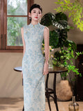 Modern Chinese Qipao dress,  sleeveless qipao, light blue floral qipao