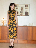 Modern Chinese Qipao, Cheongsam Dress, black floral prints