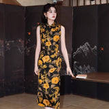 Modern Chinese Qipao, Cheongsam Dress, black floral prints