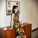 Modern Chinese Qipao, Cheongsam Dress, black floral prints