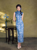 blue floral qipao, Evening Dress,  Sleeveless summer qipao
