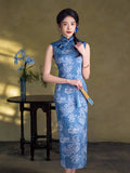 blue floral qipao, Evening Dress,  Sleeveless summer qipao