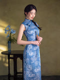 blue floral qipao, Evening Dress,  Sleeveless summer qipao