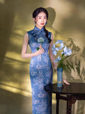 blue floral qipao, Evening Dress,  Sleeveless summer qipao