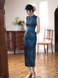 Modern Chinese qipao, Chinese Cheongsam, dark blue, Ball Gowns, mandarin collar