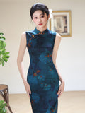 Modern Chinese qipao, Chinese Cheongsam, dark blue, Ball Gowns, mandarin collar