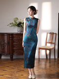 Modern Chinese qipao, Chinese Cheongsam, dark blue, Ball Gowns, mandarin collar