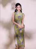 Modern Chinese Qipao, Chinese Cheongsam Dress, Ball Gowns, sleeveless, green floral