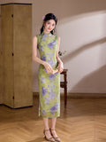 Modern Chinese Qipao, Chinese Cheongsam Dress, Ball Gowns, sleeveless, green floral