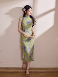 Modern Chinese Qipao, Chinese Cheongsam Dress, Ball Gowns, sleeveless, green floral