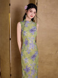 Modern Chinese Qipao, Chinese Cheongsam Dress, Ball Gowns, sleeveless, green floral