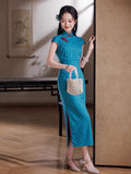 Traditional Chinese dress, blue color Qipao, mandarin collar