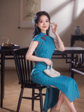 Traditional Chinese dress, blue color Qipao, mandarin collar