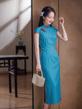 Traditional Chinese dress, blue color Qipao, mandarin collar